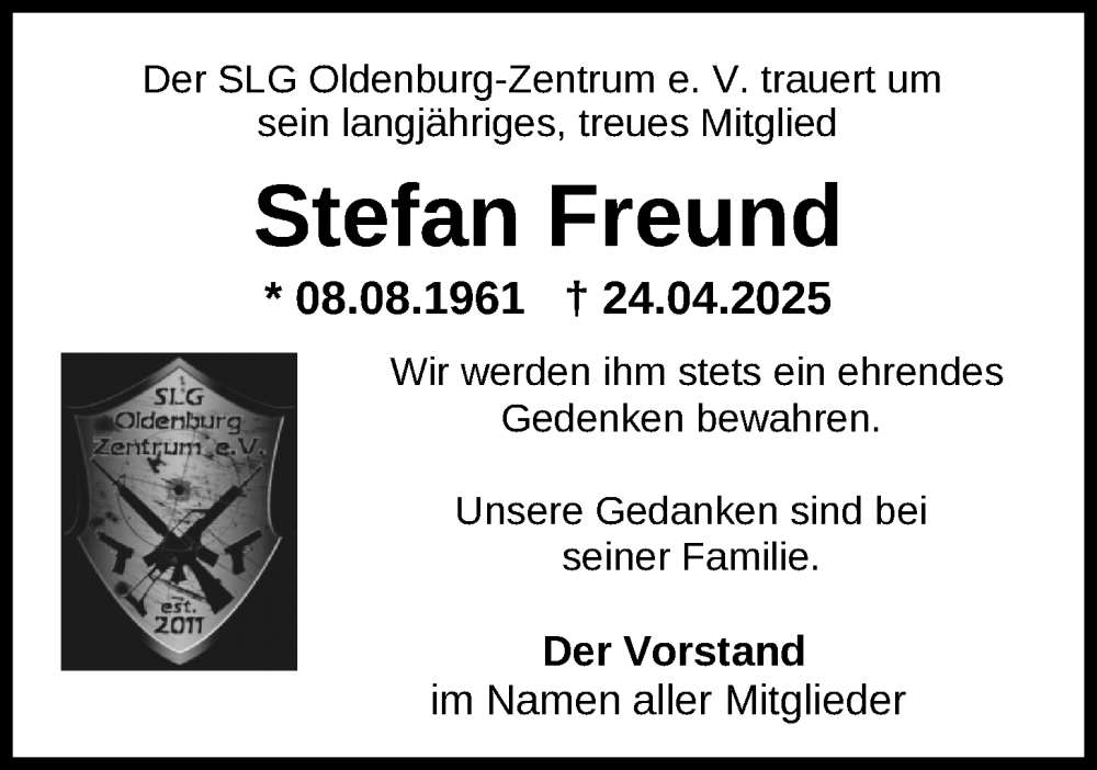  Traueranzeige für Stefan Freund vom 10.05.2025 aus Nordwest-Zeitung