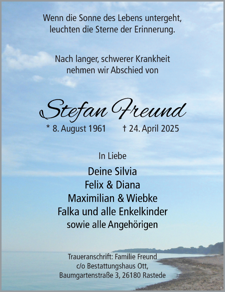  Traueranzeige für Stefan Freund vom 03.05.2025 aus Nordwest-Zeitung