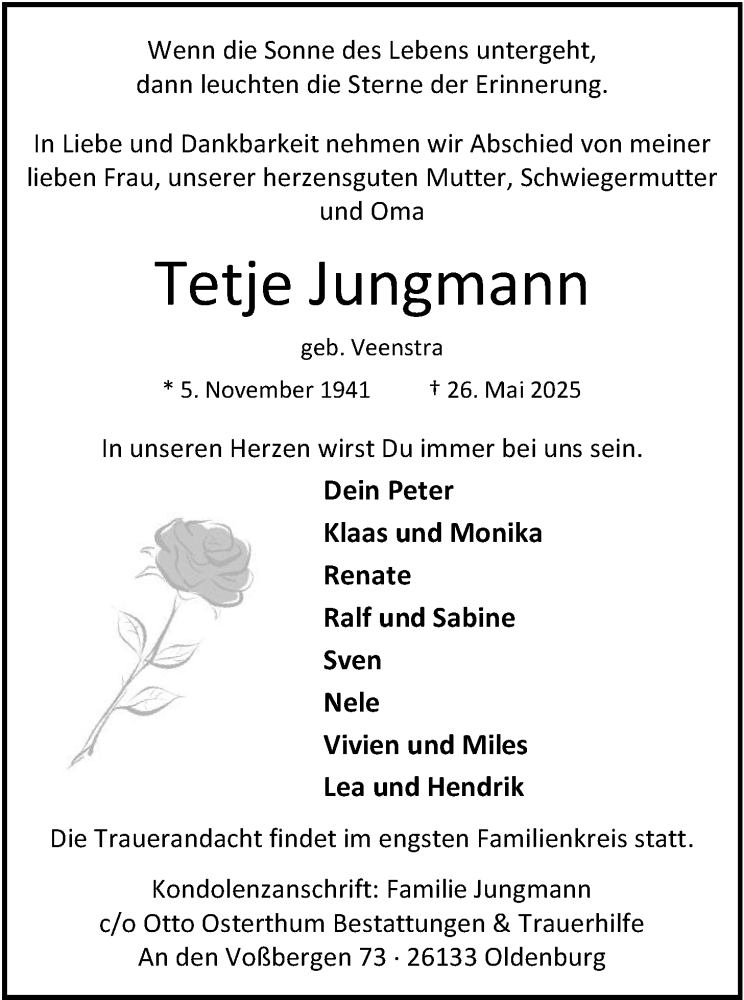  Traueranzeige für Tetje Jungmann vom 31.05.2025 aus Nordwest-Zeitung
