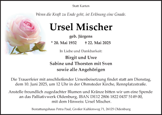 Traueranzeige von Ursel Mischer von Nordwest-Zeitung