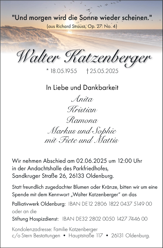 Traueranzeige von Walter Katzenberger von Nordwest-Zeitung