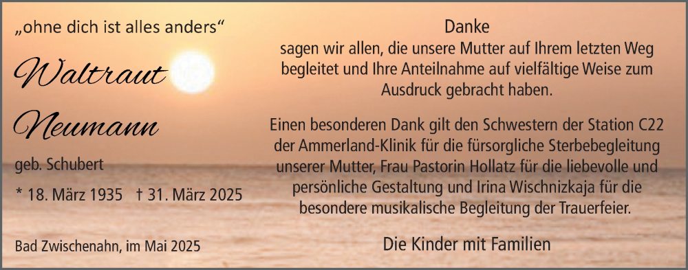  Traueranzeige für Waltraut Neumann vom 17.05.2025 aus Nordwest-Zeitung