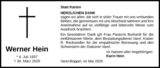 Traueranzeige von Werner Hein von Nordwest-Zeitung