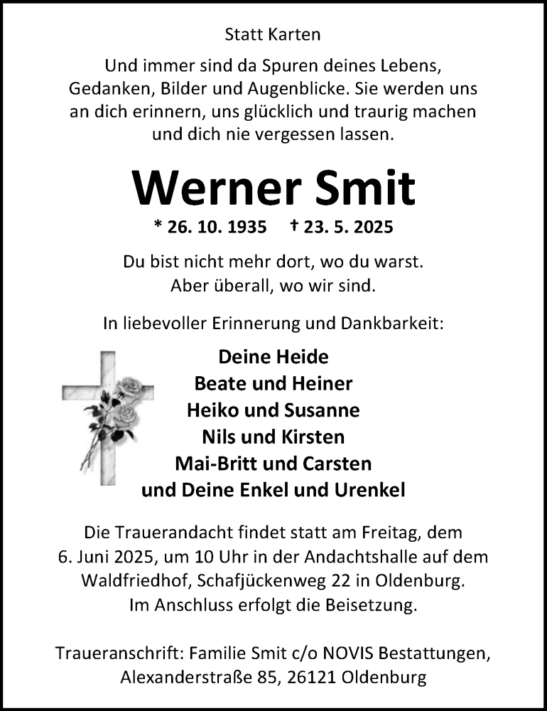  Traueranzeige für Werner Smit vom 31.05.2025 aus Nordwest-Zeitung