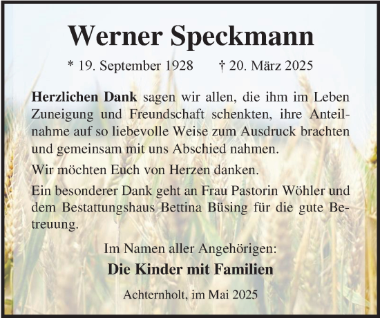 Traueranzeige von Werner Speckmann von Nordwest-Zeitung