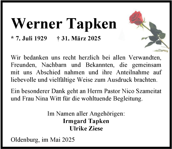 Traueranzeige von Werner Tapken von Nordwest-Zeitung