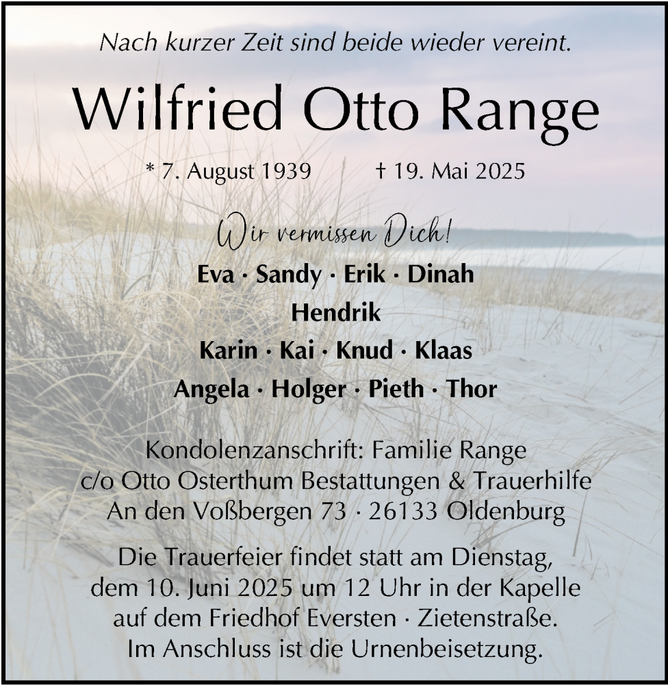  Traueranzeige für Wilfried Otto Range vom 30.05.2025 aus Nordwest-Zeitung