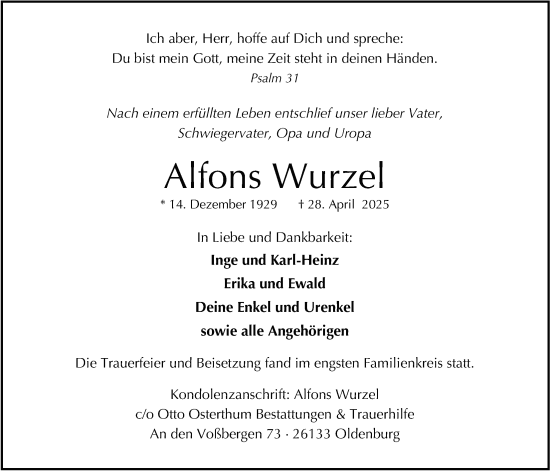 Traueranzeige von Alfons Wurzel von Nordwest-Zeitung