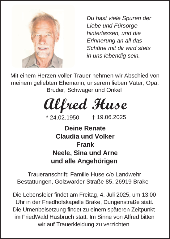 Traueranzeige von Alfred Huse von Nordwest-Zeitung