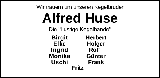 Traueranzeige von Alfred Huse von Nordwest-Zeitung