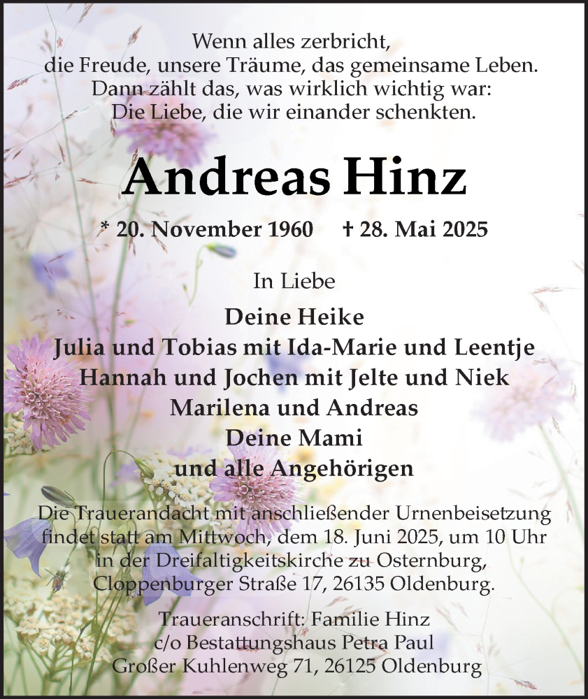  Traueranzeige für Andreas Hinz vom 07.06.2025 aus Nordwest-Zeitung