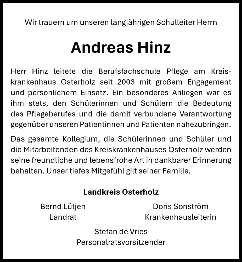  Traueranzeige für Andreas Hinz vom 07.06.2025 aus Nordwest-Zeitung