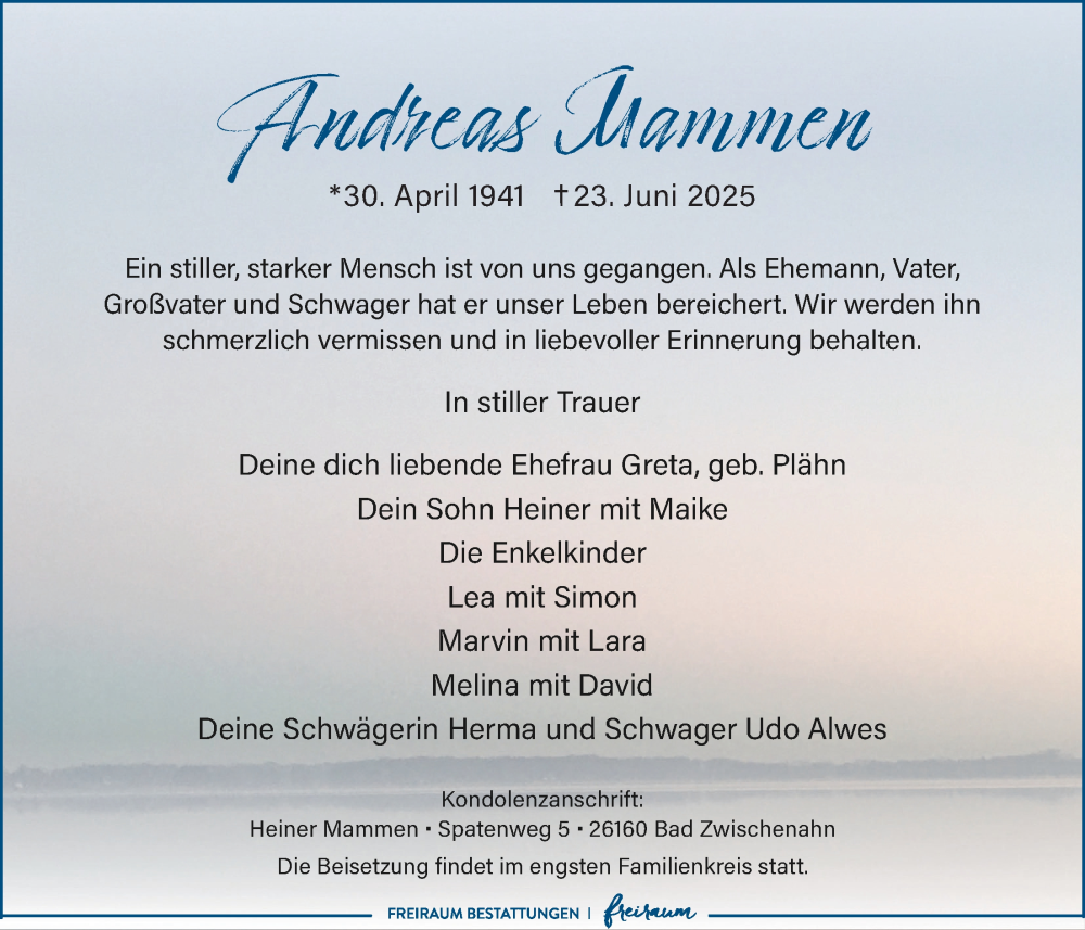  Traueranzeige für Andreas Mammen vom 27.06.2025 aus Nordwest-Zeitung