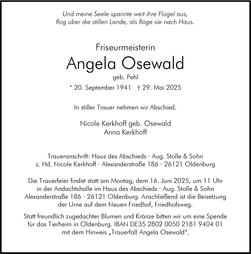  Traueranzeige für Angela Osewald vom 07.06.2025 aus Nordwest-Zeitung