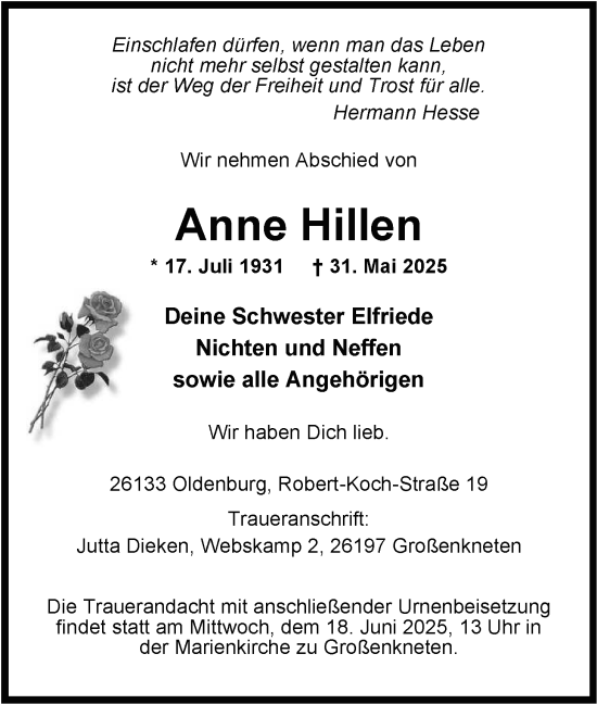 Traueranzeige von Anne Hillen von Nordwest-Zeitung