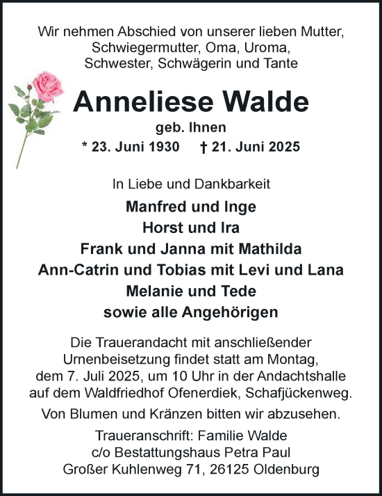 Traueranzeige von Anneliese Walde von Nordwest-Zeitung