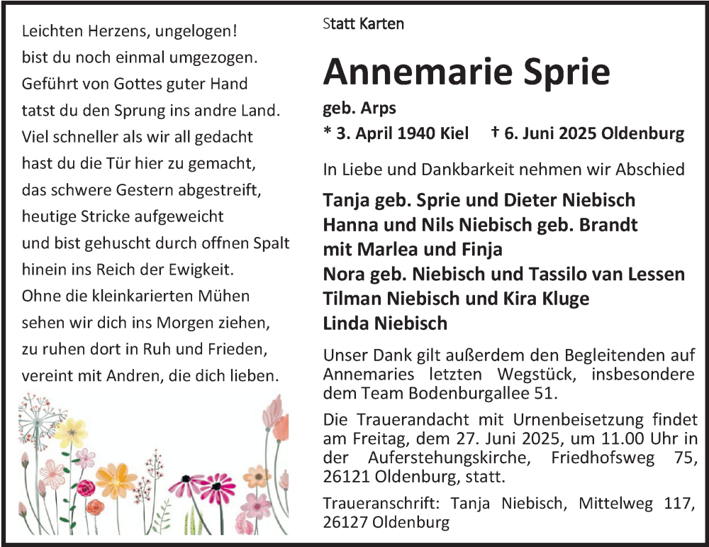  Traueranzeige für Annemarie Sprie vom 14.06.2025 aus Nordwest-Zeitung