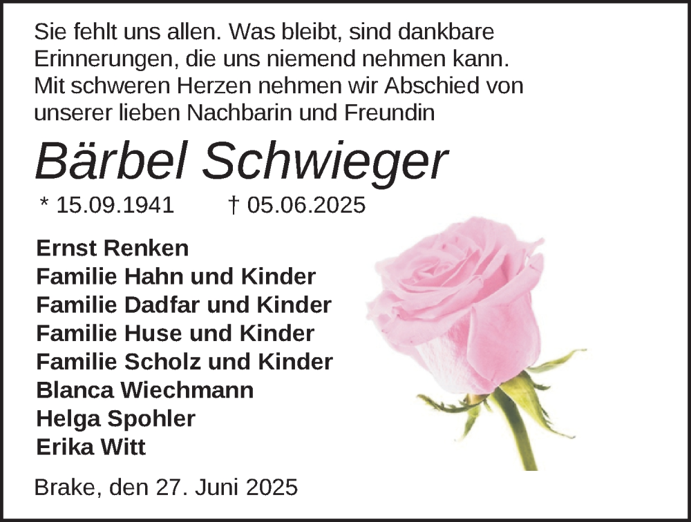  Traueranzeige für Bärbel Schwieger vom 27.06.2025 aus Nordwest-Zeitung