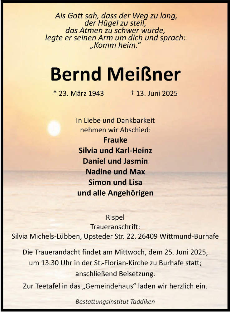  Traueranzeige für Bernd Meißner vom 21.06.2025 aus WZ/JW/AH