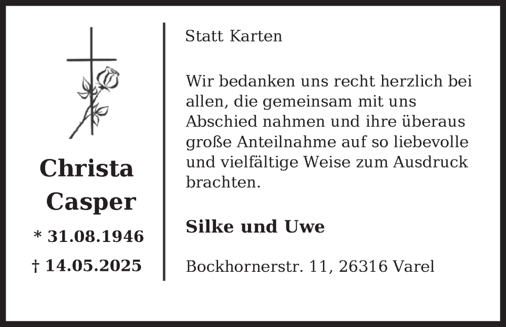  Traueranzeige für Christa Casper vom 28.06.2025 aus Nordwest-Zeitung