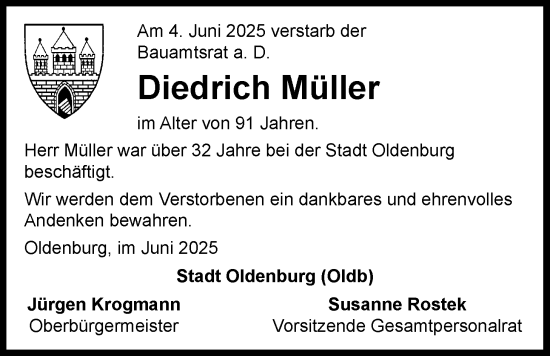Traueranzeige von Diedrich Müller von Nordwest-Zeitung