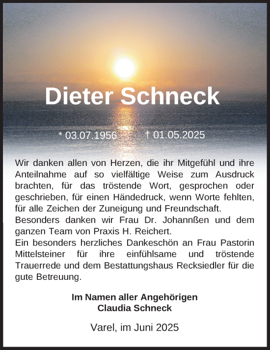 Traueranzeige von Dieter Schneck von Nordwest-Zeitung