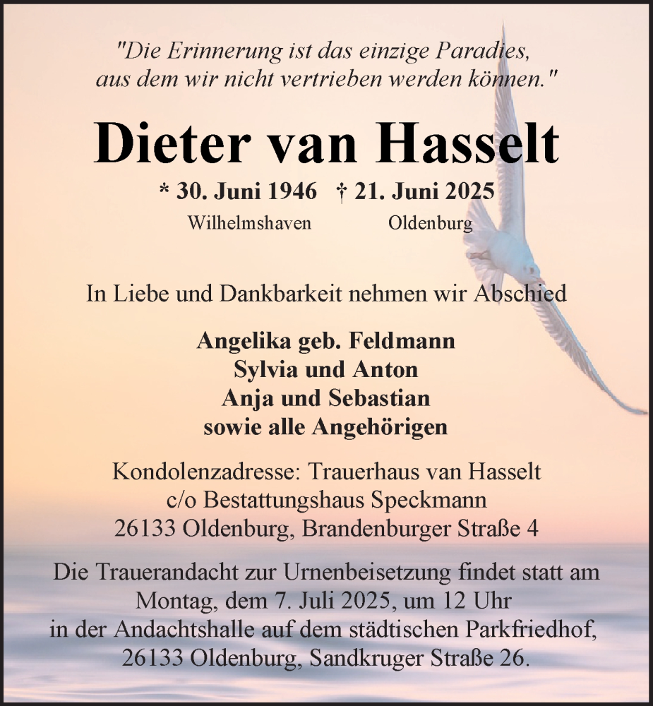  Traueranzeige für Dieter van Hasselt vom 28.06.2025 aus Nordwest-Zeitung