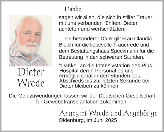 Traueranzeige von Dieter Wrede von Nordwest-Zeitung