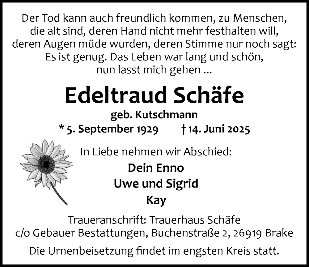  Traueranzeige für Edeltraud Schäfe vom 21.06.2025 aus Nordwest-Zeitung