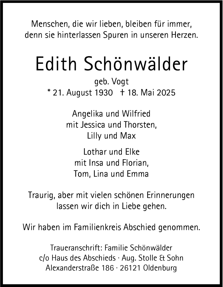 Traueranzeige für Edith Schönwälder vom 21.06.2025 aus Nordwest-Zeitung