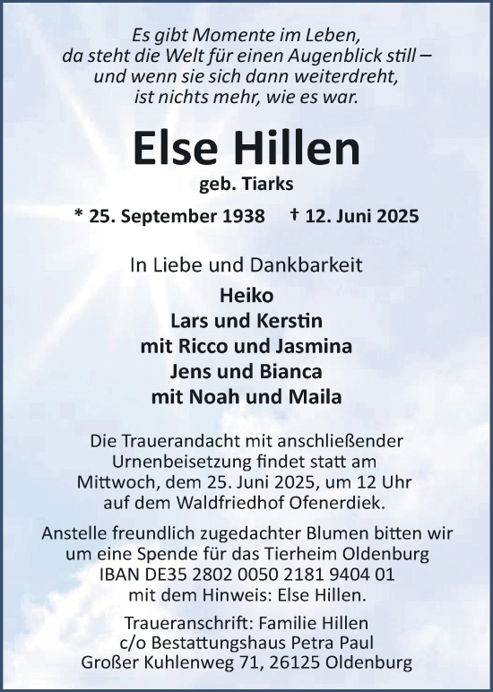 Traueranzeige von Else Hillen von Nordwest-Zeitung