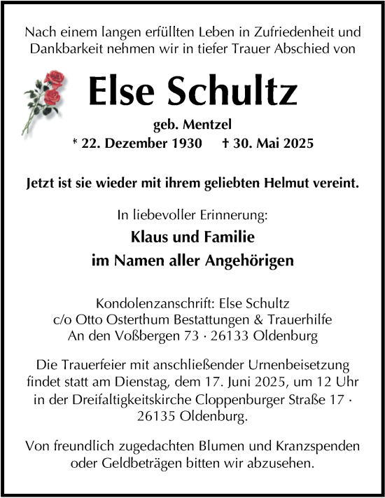 Traueranzeige von Else Schultz von Nordwest-Zeitung