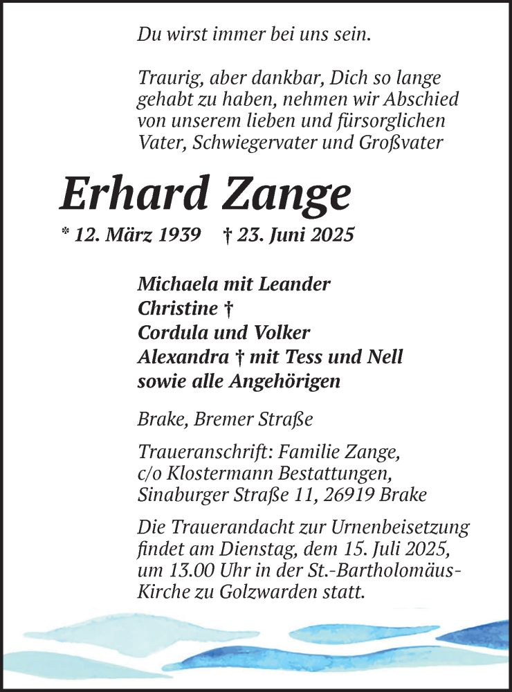 Traueranzeige für Erhard Zange vom 28.06.2025 aus Nordwest-Zeitung