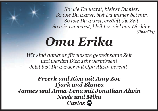 Traueranzeige von Erika  von Nordwest-Zeitung