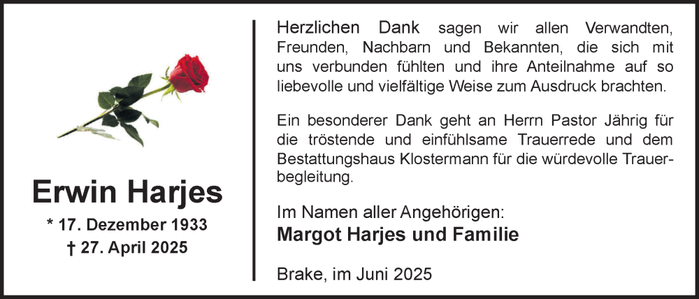 Traueranzeige für Erwin Harjes vom 14.06.2025 aus Nordwest-Zeitung