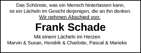 Traueranzeige von Frank Schade von Nordwest-Zeitung