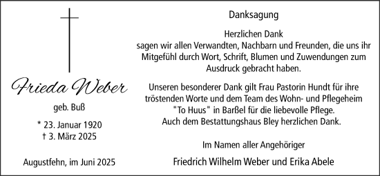 Traueranzeige von Frieda Weber von Nordwest-Zeitung
