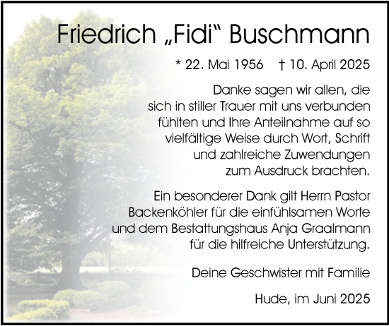 Traueranzeige von Friedrich Buschmann von Nordwest-Zeitung