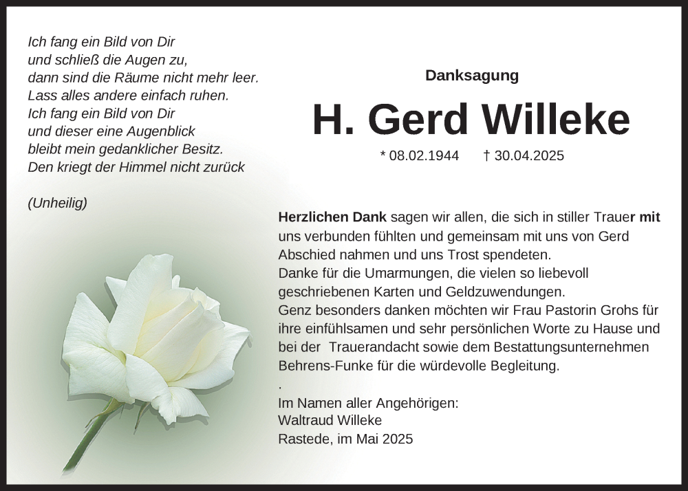  Traueranzeige für Gerd Willeke vom 25.06.2025 aus Nordwest-Zeitung