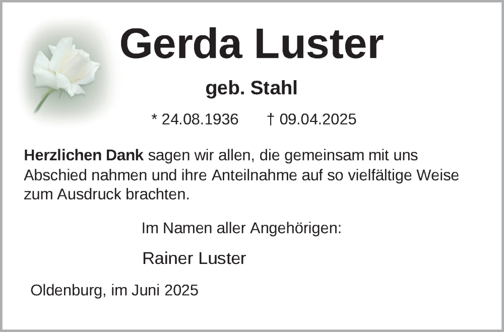  Traueranzeige für Gerda Luster vom 14.06.2025 aus Nordwest-Zeitung