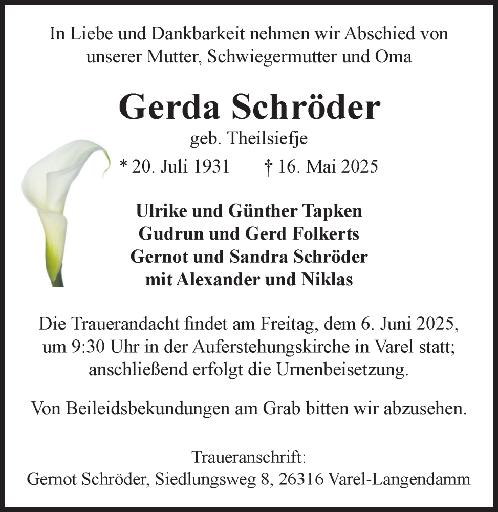  Traueranzeige für Gerda Schröder vom 03.06.2025 aus Nordwest-Zeitung