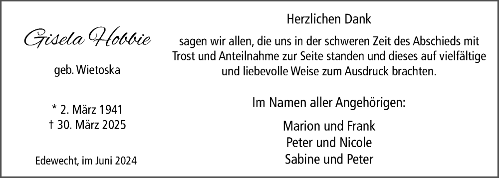  Traueranzeige für Gisela Hobbie vom 21.06.2025 aus Nordwest-Zeitung