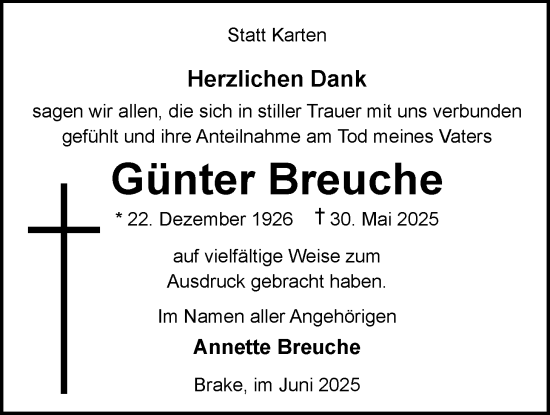 Traueranzeige von Günter Breuche von Nordwest-Zeitung