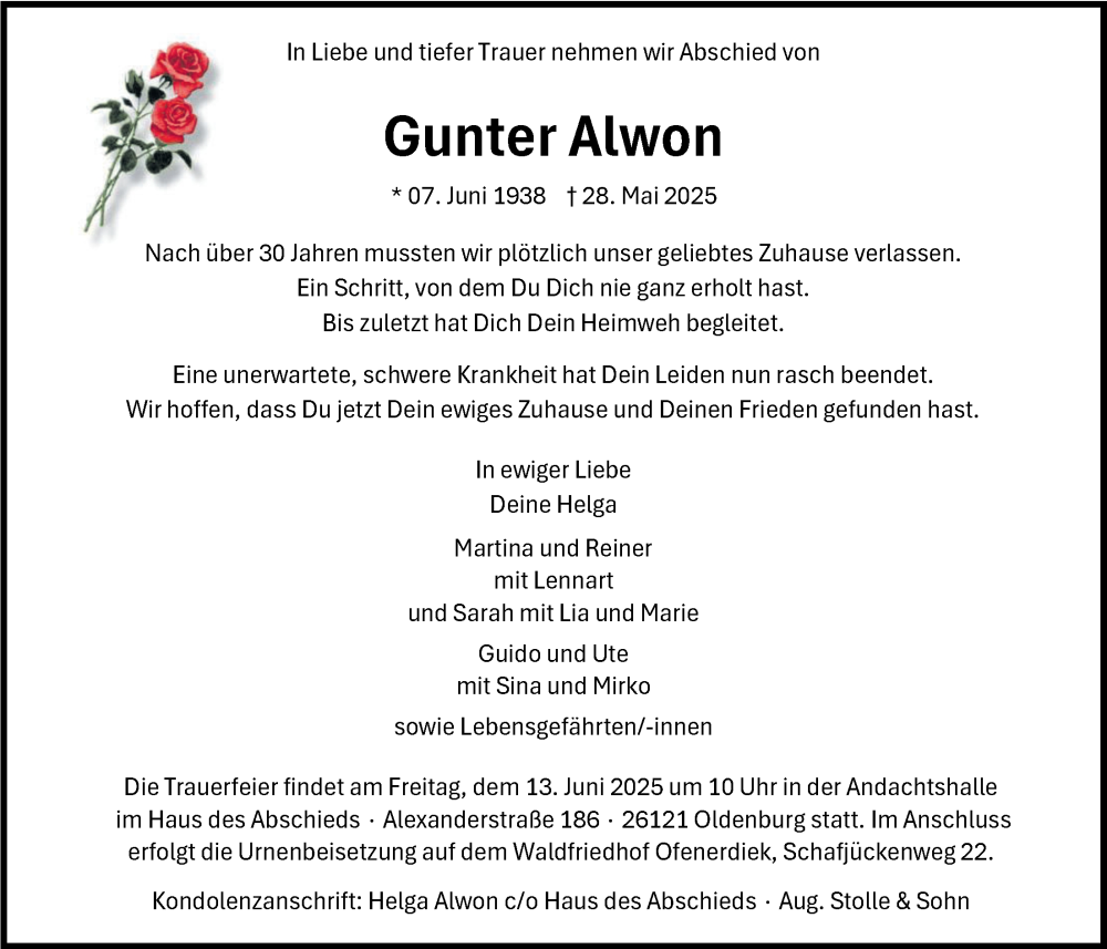  Traueranzeige für Gunter Alwon vom 07.06.2025 aus Nordwest-Zeitung