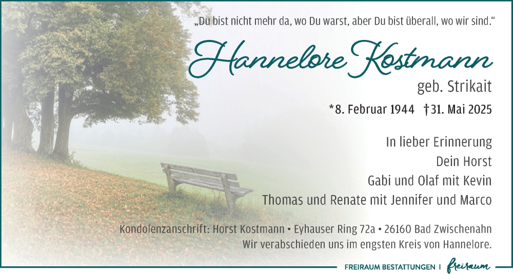  Traueranzeige für Hannelore Kostmann vom 07.06.2025 aus Nordwest-Zeitung