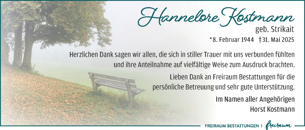  Traueranzeige für Hannelore Kostmann vom 28.06.2025 aus Nordwest-Zeitung