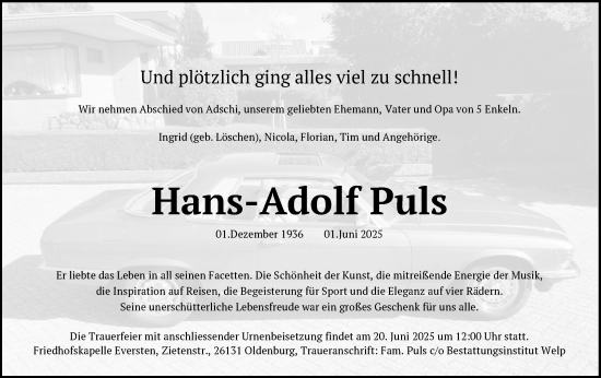 Traueranzeige von Hans-Adolf Puls von Nordwest-Zeitung