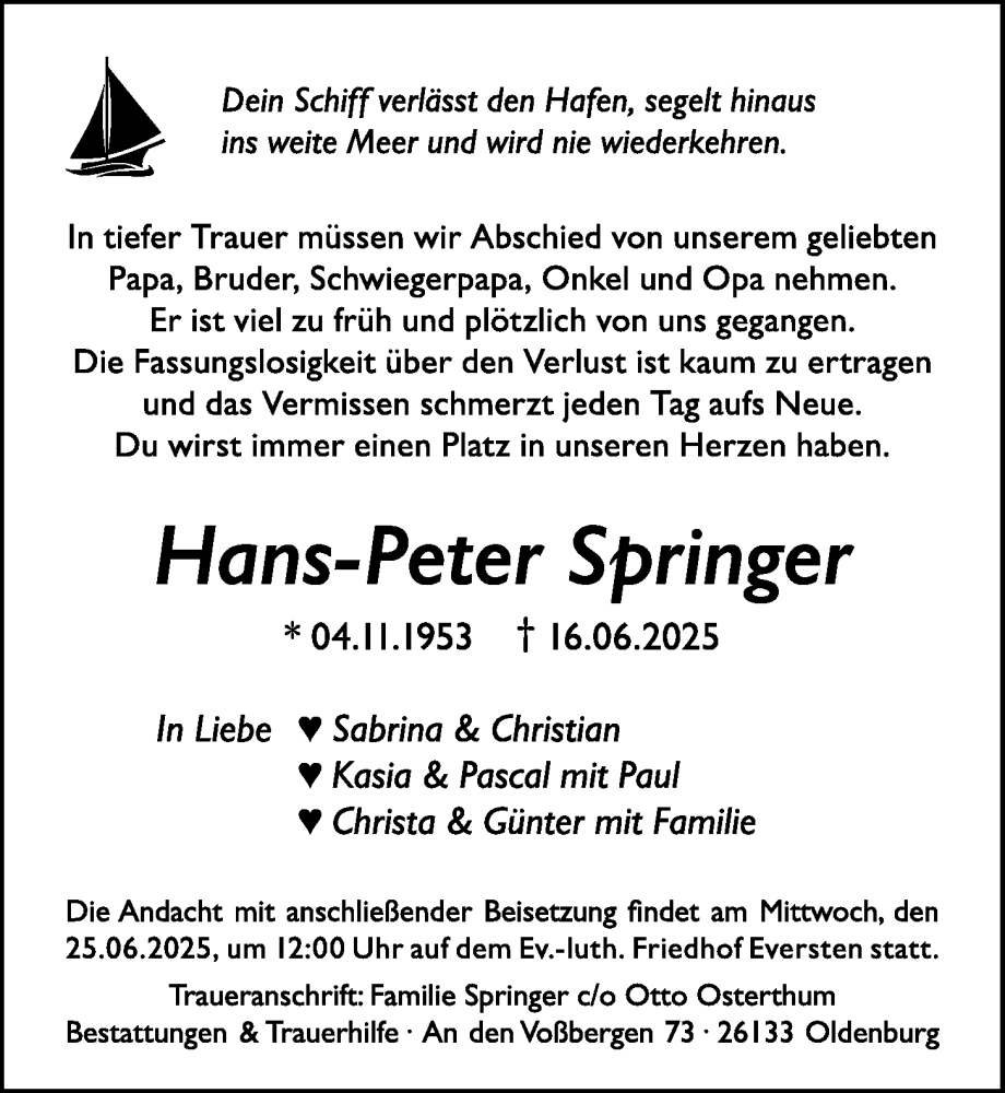  Traueranzeige für Hans-Peter Springer vom 21.06.2025 aus Nordwest-Zeitung