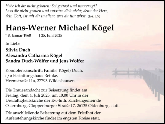 Traueranzeige von Hans-Werner Michael Kögel von Nordwest-Zeitung