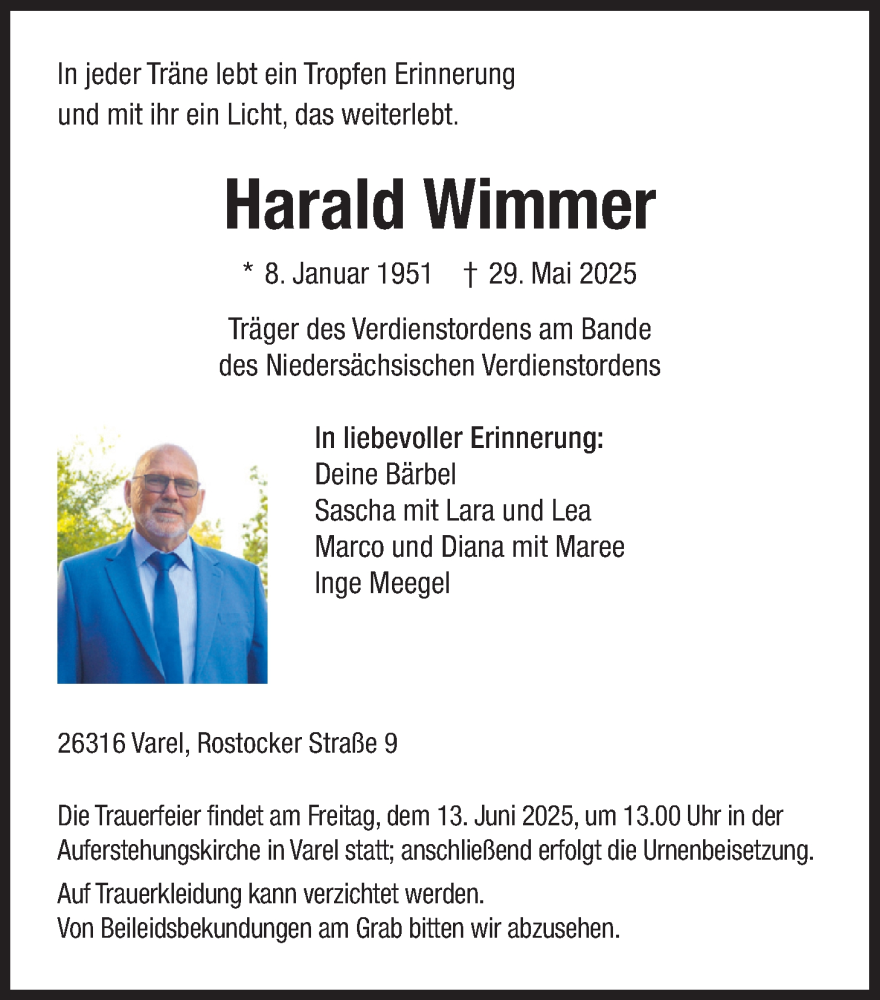  Traueranzeige für Harald Wimmer vom 07.06.2025 aus Nordwest-Zeitung
